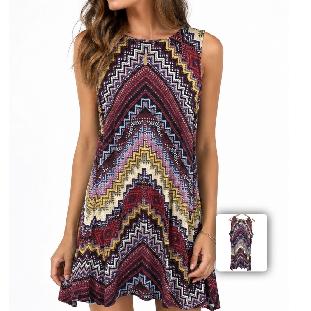 Jones Studio Women's 2X Multicolor Geometric‎ Boho Swing Dress